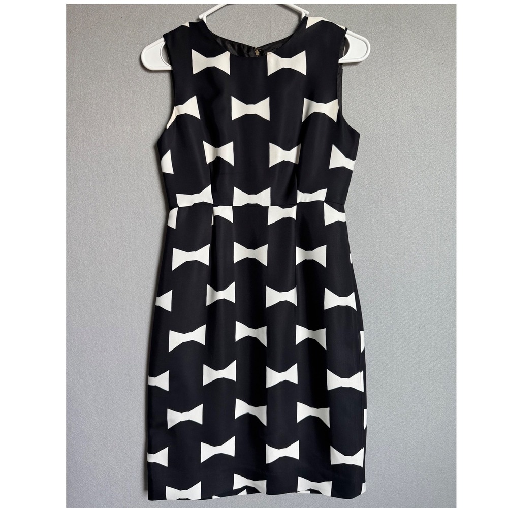 Kate Spade Classic Cora Sheath Dress Women 0 Black White Bow Sleeveless Gold Zip